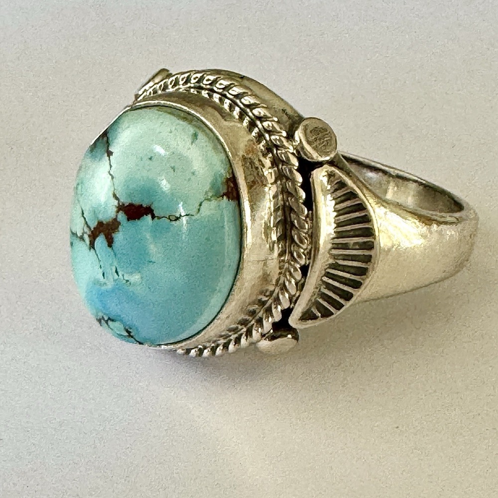 Navajo Blue Turquoise Ring Golden Hills Sz 13.5 Mens Signed Tsosoie Native Amer - Picture 7 of 12